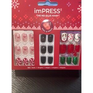 imPRESS No Glue Mani Christmas Holiday Press On Nails Trio Reindeer Candy Cane